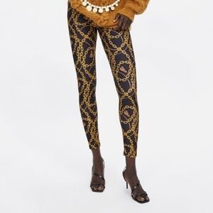 Zara Woman Black & Gold Chain Print Leggings NWOT Medium